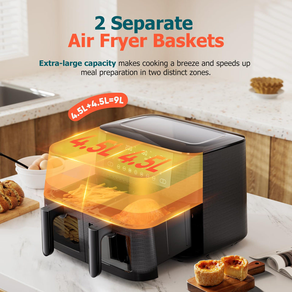 9L Dual Air Fryer with Visual Window, XL Large Capacity, 2 Drawers, 9-In-1 Cooking Presets, Touch Screen, Smart Finish, Timer Function, Dishwasher-Safe, Healthy Oil Free & Low Fat Cooking
