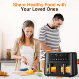 9L Dual Air Fryer with Visual Window, XL Large Capacity, 2 Drawers, 9-In-1 Cooking Presets, Touch Screen, Smart Finish, Timer Function, Dishwasher-Safe, Healthy Oil Free & Low Fat Cooking