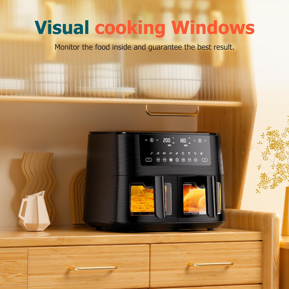 9L Dual Air Fryer with Visual Window, XL Large Capacity, 2 Drawers, 9-In-1 Cooking Presets, Touch Screen, Smart Finish, Timer Function, Dishwasher-Safe, Healthy Oil Free & Low Fat Cooking