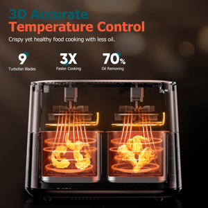 9L Dual Air Fryer with Visual Window, XL Large Capacity, 2 Drawers, 9-In-1 Cooking Presets, Touch Screen, Smart Finish, Timer Function, Dishwasher-Safe, Healthy Oil Free & Low Fat Cooking