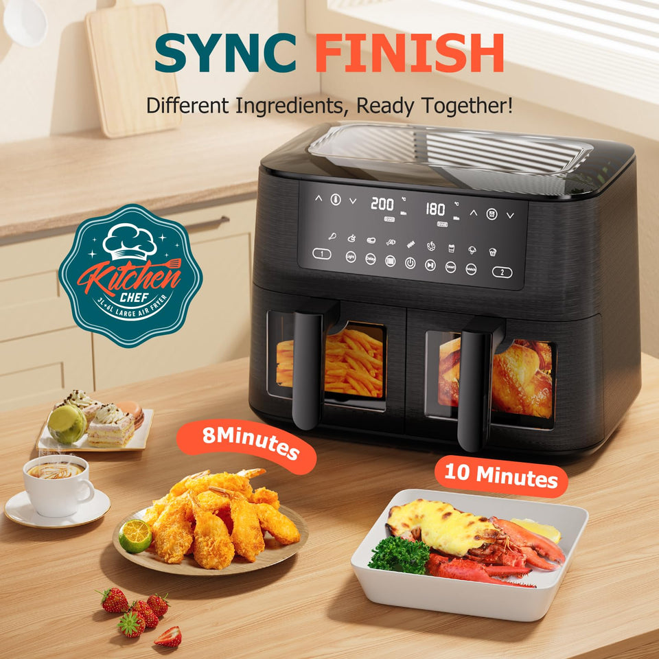 9L Dual Air Fryer with Visual Window, XL Large Capacity, 2 Drawers, 9-In-1 Cooking Presets, Touch Screen, Smart Finish, Timer Function, Dishwasher-Safe, Healthy Oil Free & Low Fat Cooking