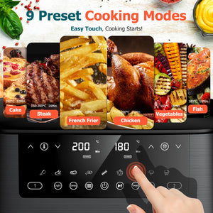 9L Dual Air Fryer with Visual Window, XL Large Capacity, 2 Drawers, 9-In-1 Cooking Presets, Touch Screen, Smart Finish, Timer Function, Dishwasher-Safe, Healthy Oil Free & Low Fat Cooking