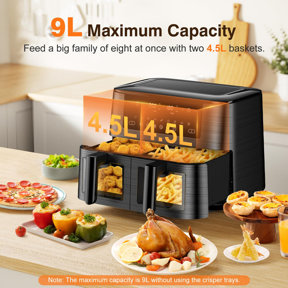 9L Dual Air Fryer with Visual Window, XL Large Capacity, 2 Drawers, 9-In-1 Cooking Presets, Touch Screen, Smart Finish, Timer Function, Dishwasher-Safe, Healthy Oil Free & Low Fat Cooking