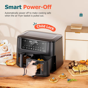 9L Dual Air Fryer with Visual Window, XL Large Capacity, 2 Drawers, 9-In-1 Cooking Presets, Touch Screen, Smart Finish, Timer Function, Dishwasher-Safe, Healthy Oil Free & Low Fat Cooking
